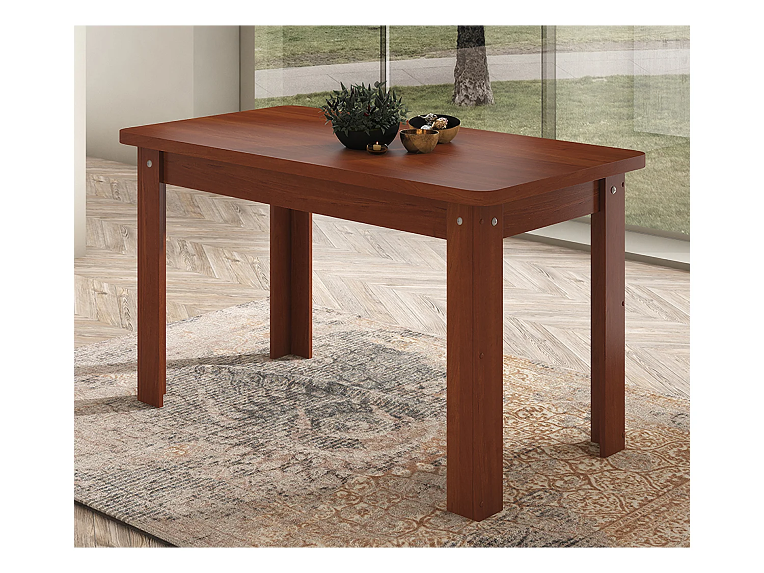 Table à manger, table de salon rectangulaire coloris noyer - longueur 140 x profondeur 80 x Hauteur 73,6 cm