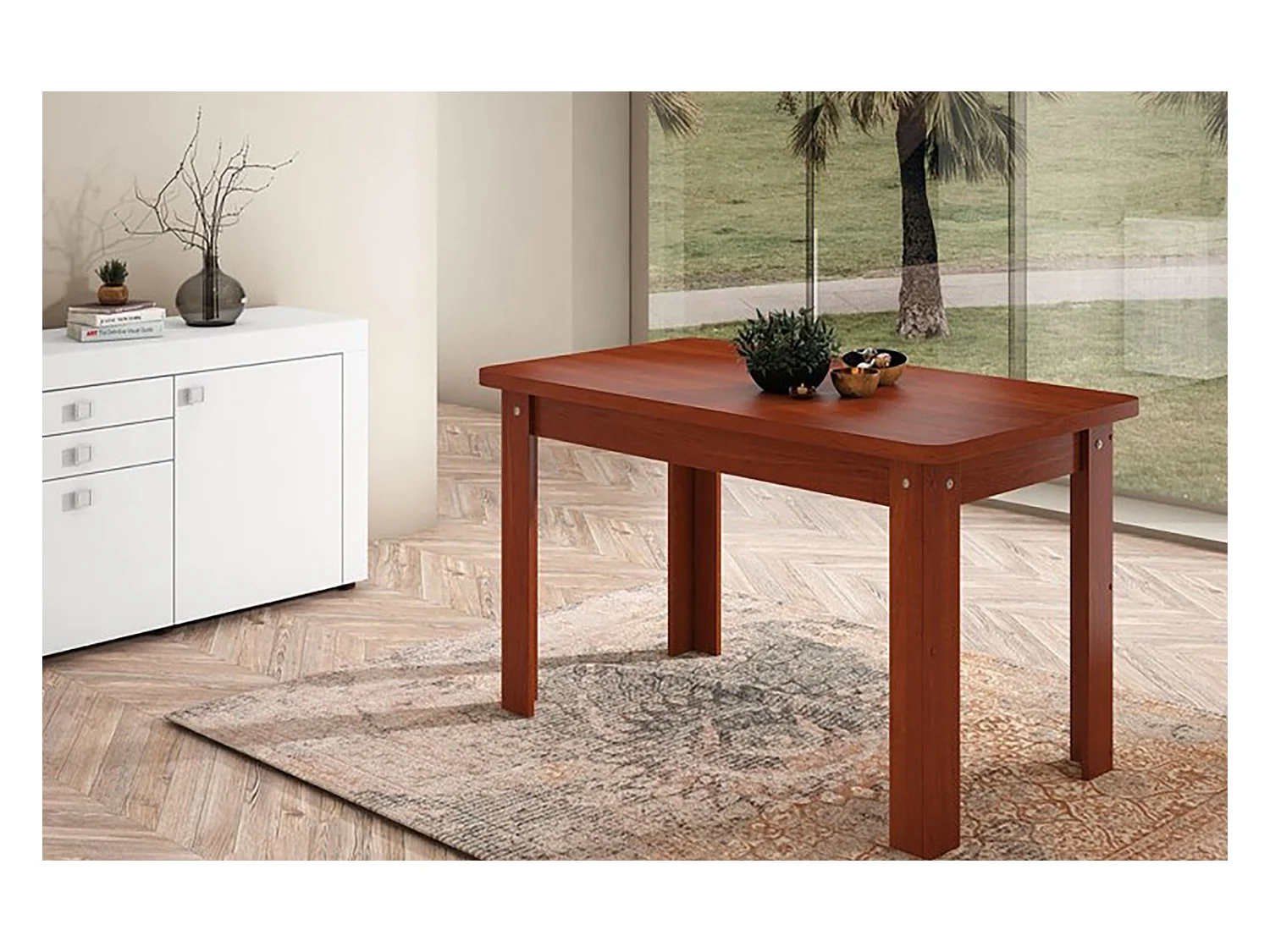 Table à manger, table de salon rectangulaire coloris noyer - longueur 140 x profondeur 80 x Hauteur 73,6 cm