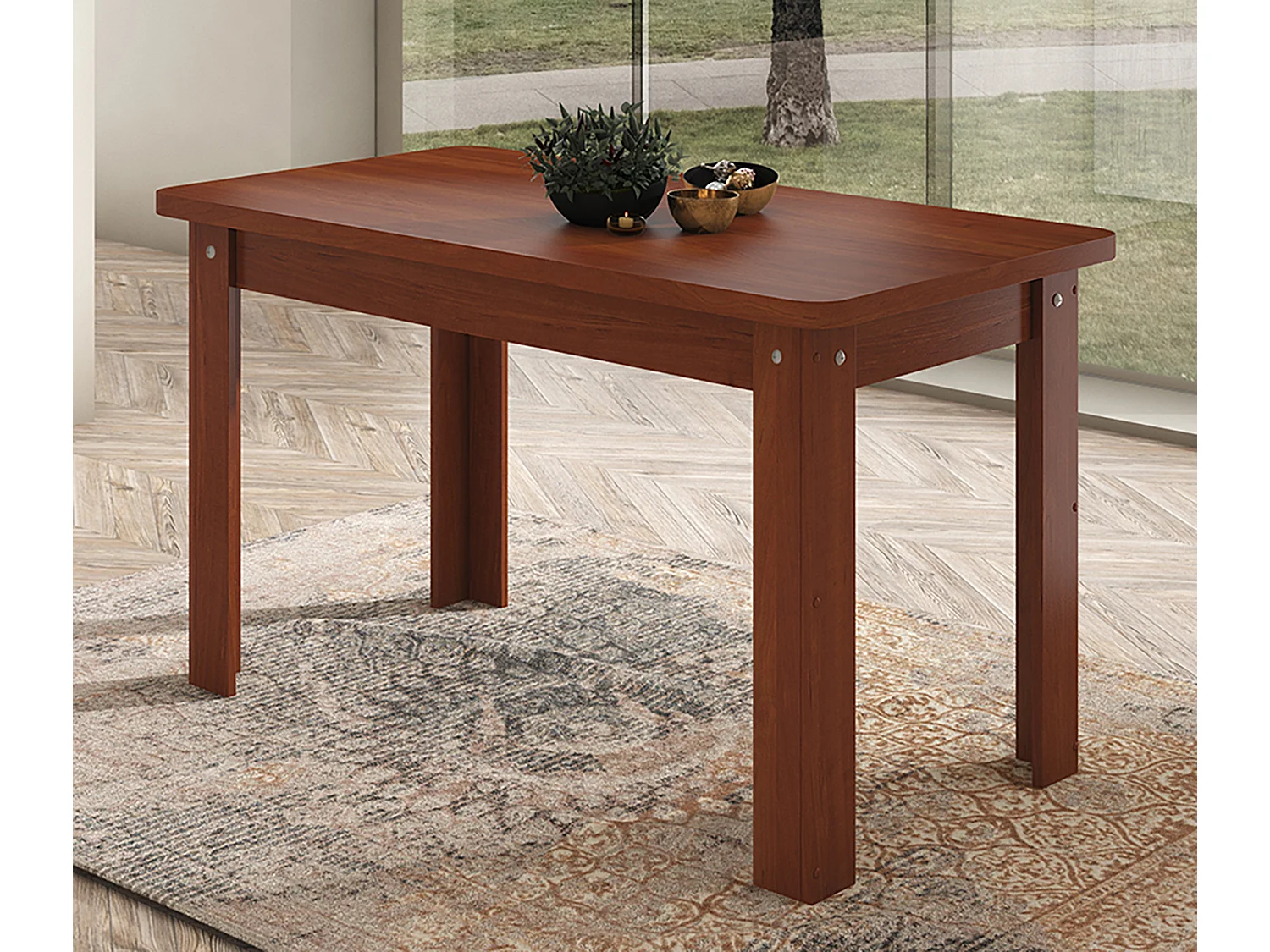 Table à manger, table de salon rectangulaire coloris noyer - longueur 140 x profondeur 80 x Hauteur 73,6 cm