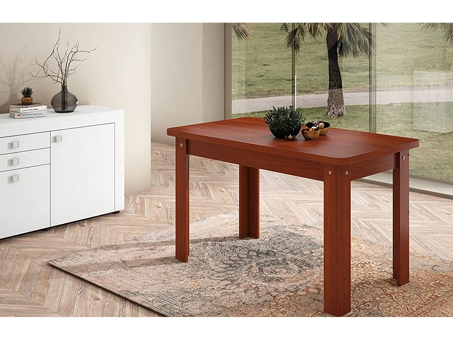 Table à manger, table de salon rectangulaire coloris noyer - longueur 140 x profondeur 80 x Hauteur 73,6 cm