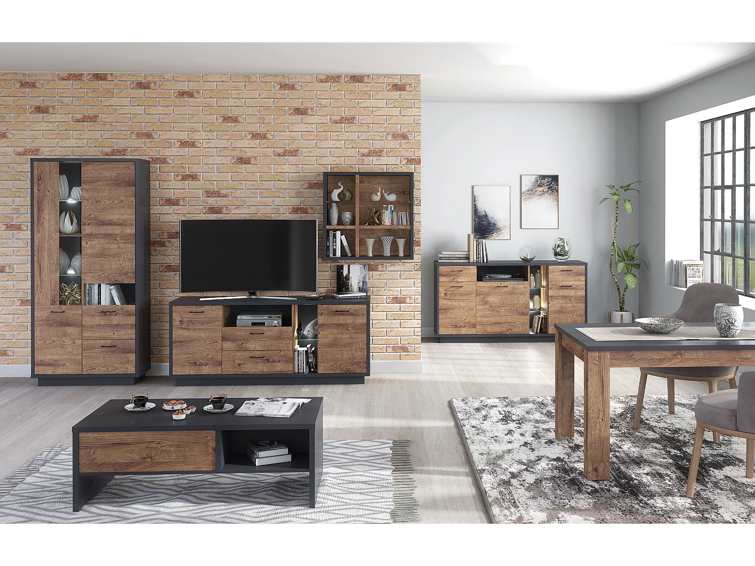 Table à manger, table de salon extensible coloris chêne, graphite - longueur 150-190 x profondeur 90  x Hauteur 76 cm