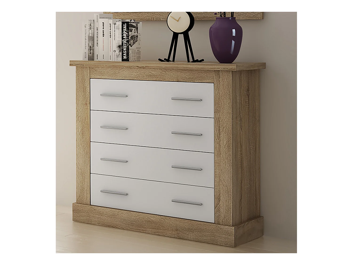 Commode, meuble de rangement coloris Chêne cambrian, blanc - Longueur 90,8 x Profondeur 39.6 x Hauteur 91,50 cm