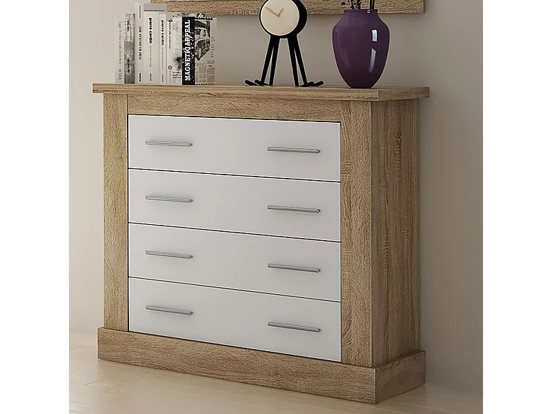 Commode, meuble de rangement coloris Chêne cambrian, blanc - Longueur 90,8 x Profondeur 39.6 x Hauteur 91,50 cm