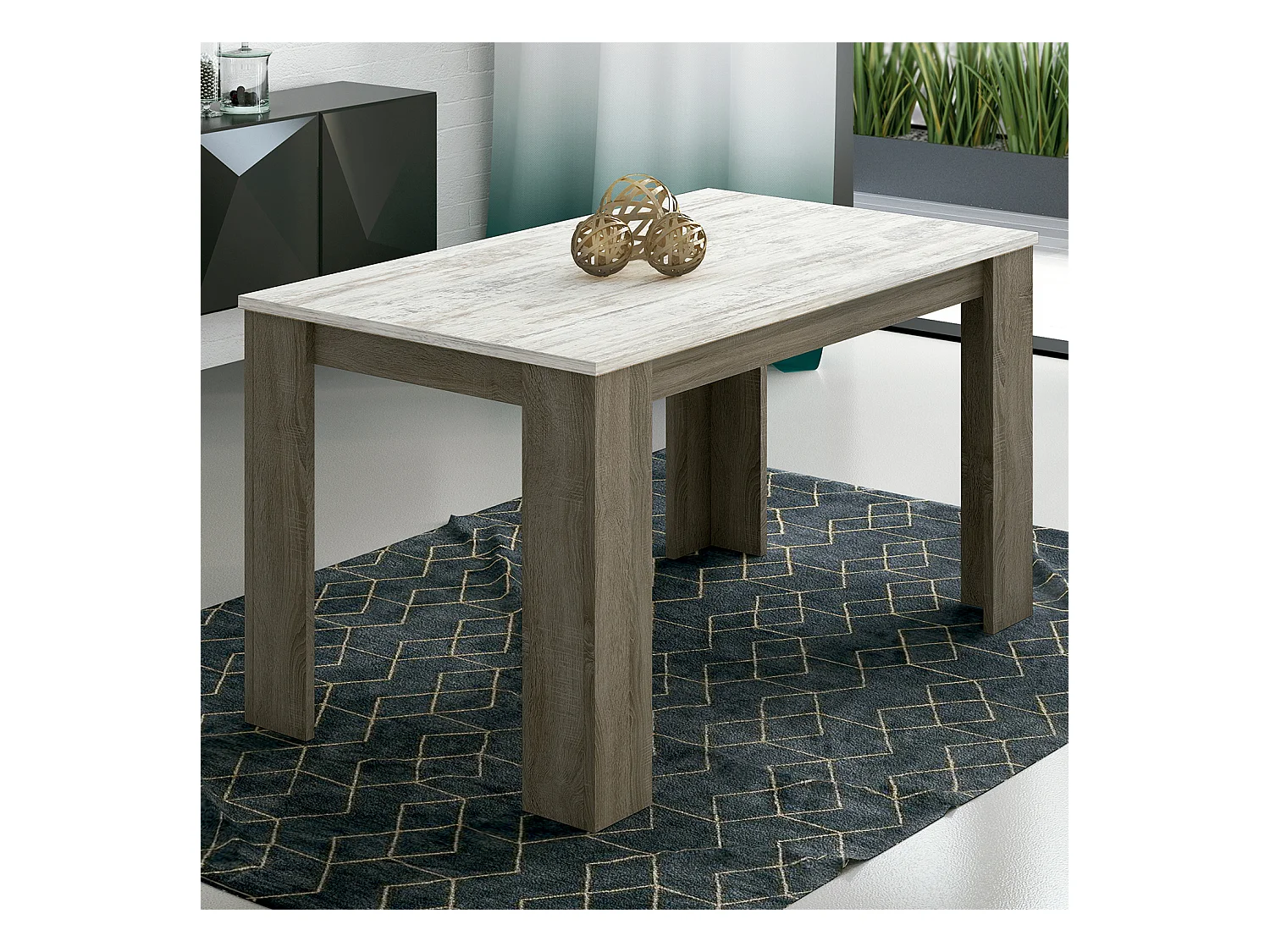 Table à manger, table de salon rectangulaire coloris Chêne truffé, blanc vieilli - Longueur 138 x Profondeur 80 x Hauteur 75 cm
