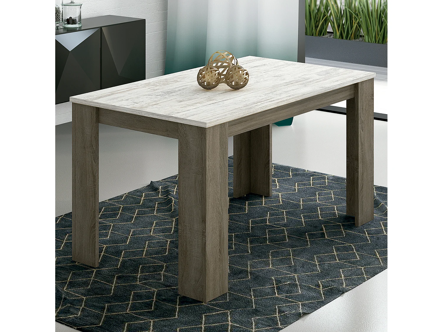 Table à manger, table de salon rectangulaire coloris Chêne truffé, blanc vieilli - Longueur 138 x Profondeur 80 x Hauteur 75 cm