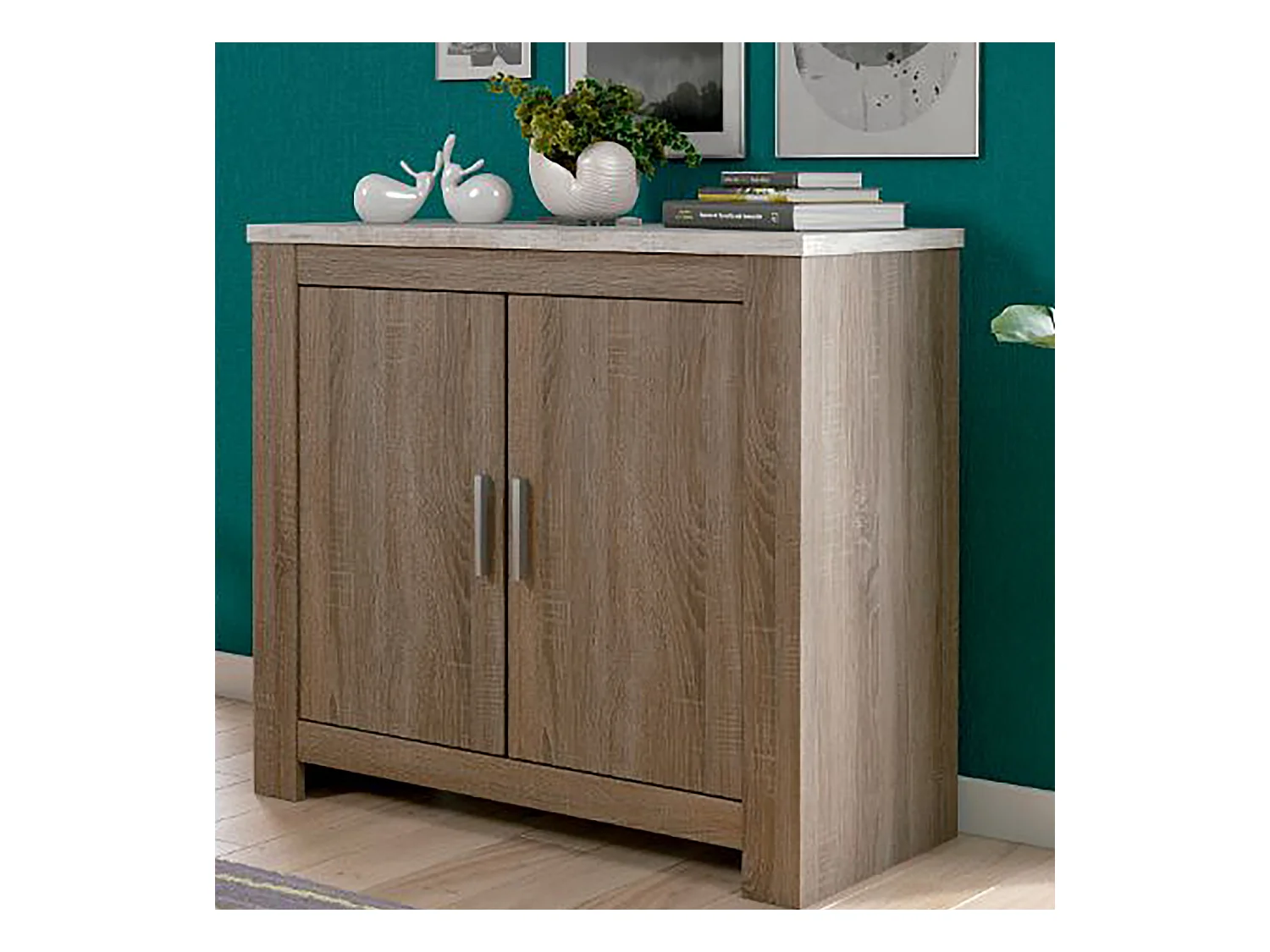 Meuble bas, meuble de rangement 2 portes coloris chêne truffé, blanc vieilli - Longueur 99,5 x profondeur 45 x hauteur 90,50 cm