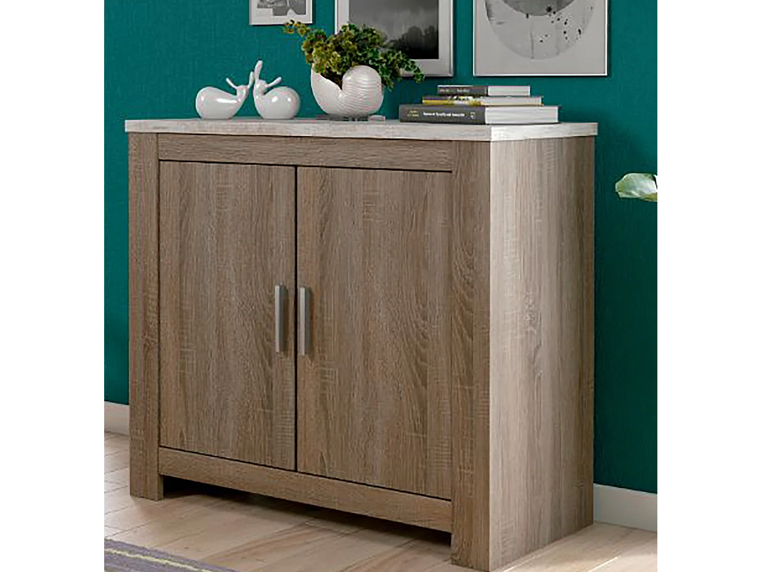 Meuble bas, meuble de rangement 2 portes coloris chêne truffé, blanc vieilli - Longueur 99,5 x profondeur 45 x hauteur 90,50 cm