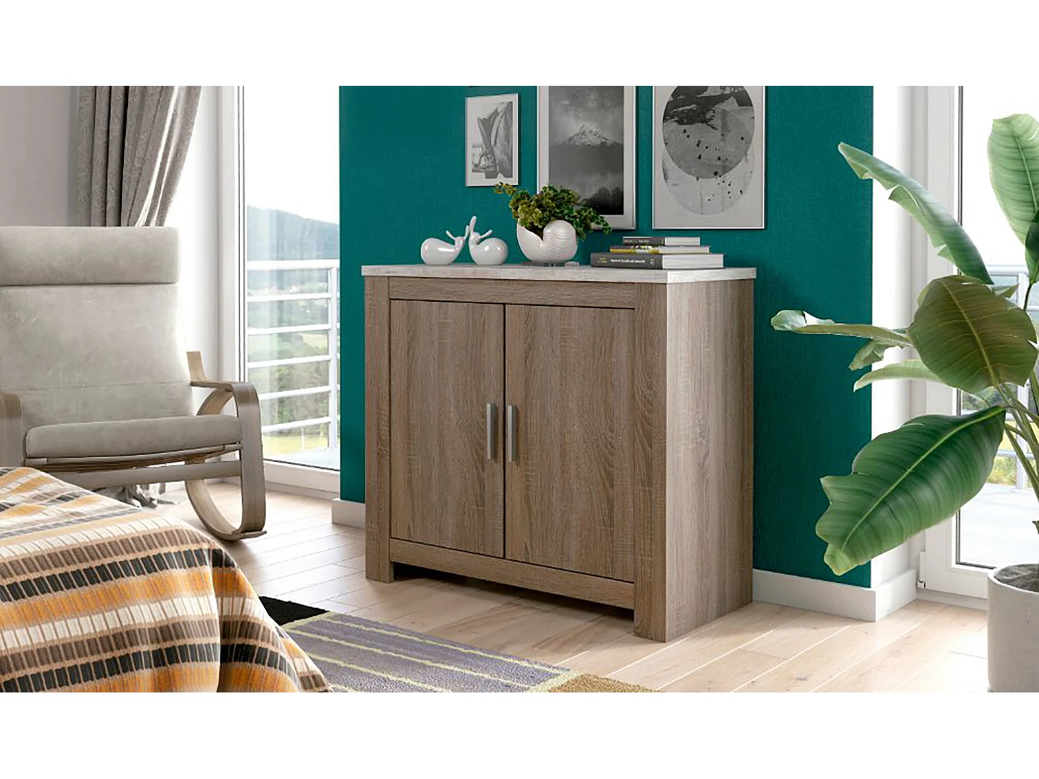 Meuble bas, meuble de rangement 2 portes coloris chêne truffé, blanc vieilli - Longueur 99,5 x profondeur 45 x hauteur 90,50 cm