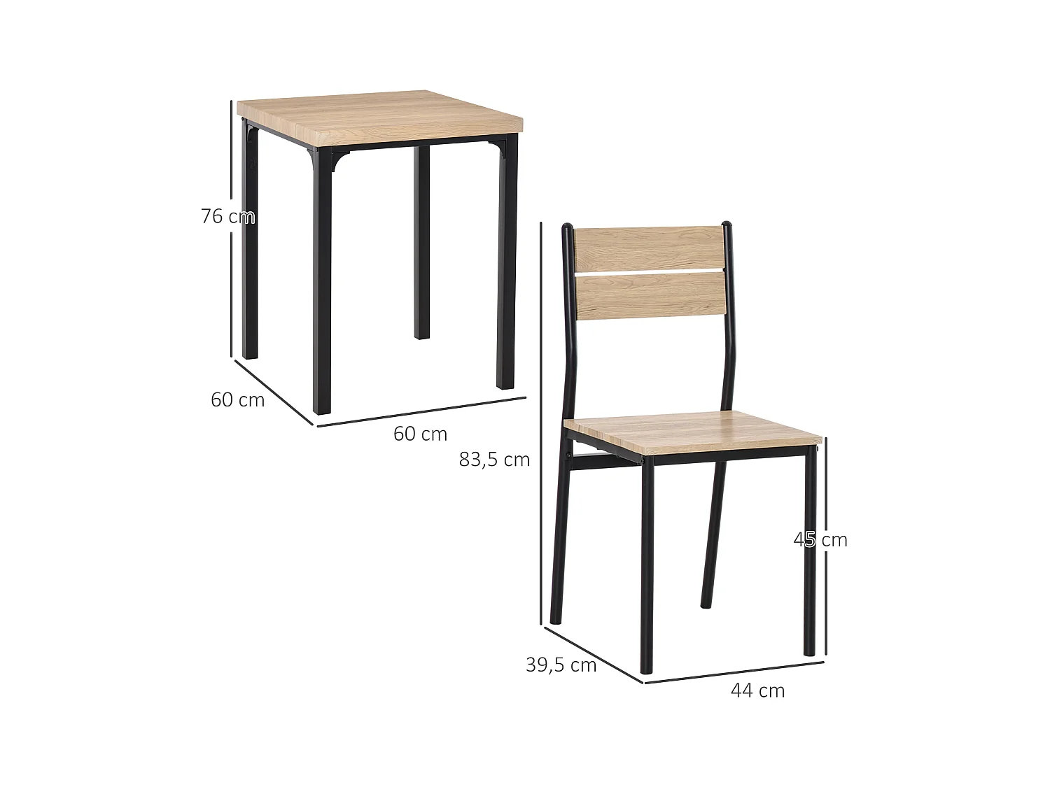 HOMCOM Table avec 2 chaises style industriel acier noir MDF coloris bois de chêne