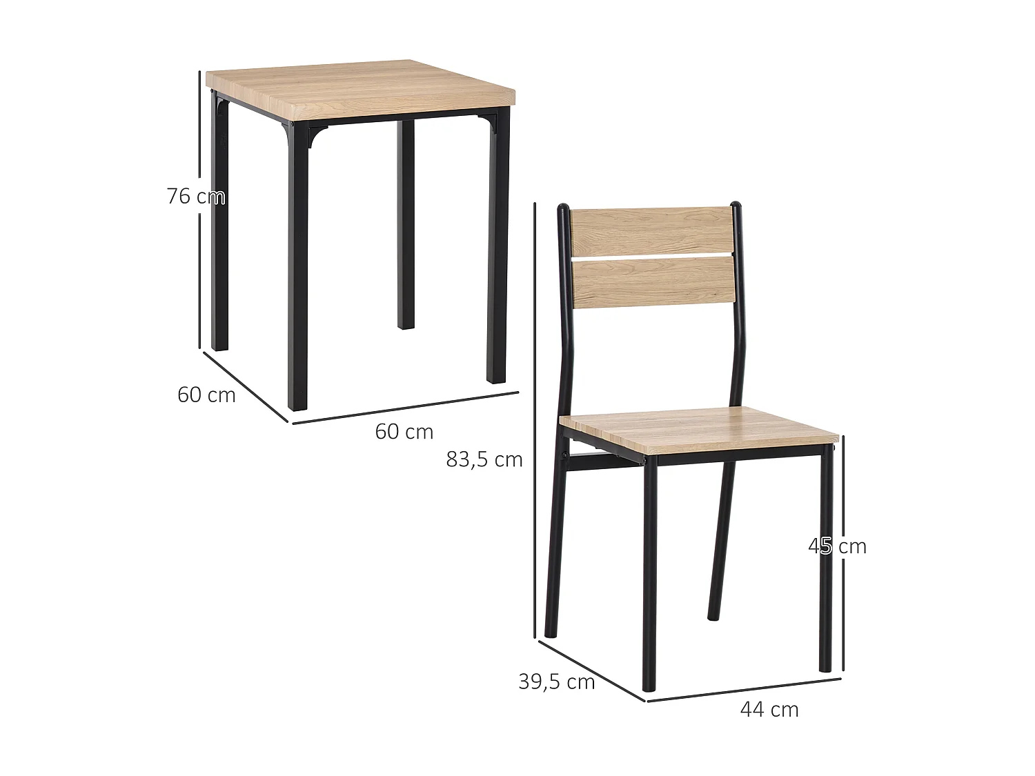 HOMCOM Table avec 2 chaises style industriel acier noir MDF coloris bois de chêne