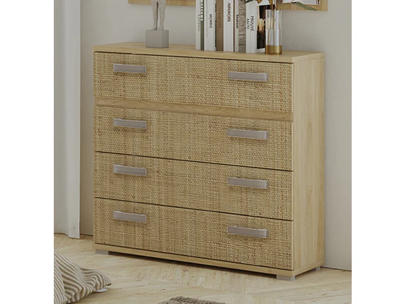 Commode, meuble de rangement coloris chêne cambrian/effet textile - Longueur 89 x Profondeur 39,6 x Hauteur 89,6 cm