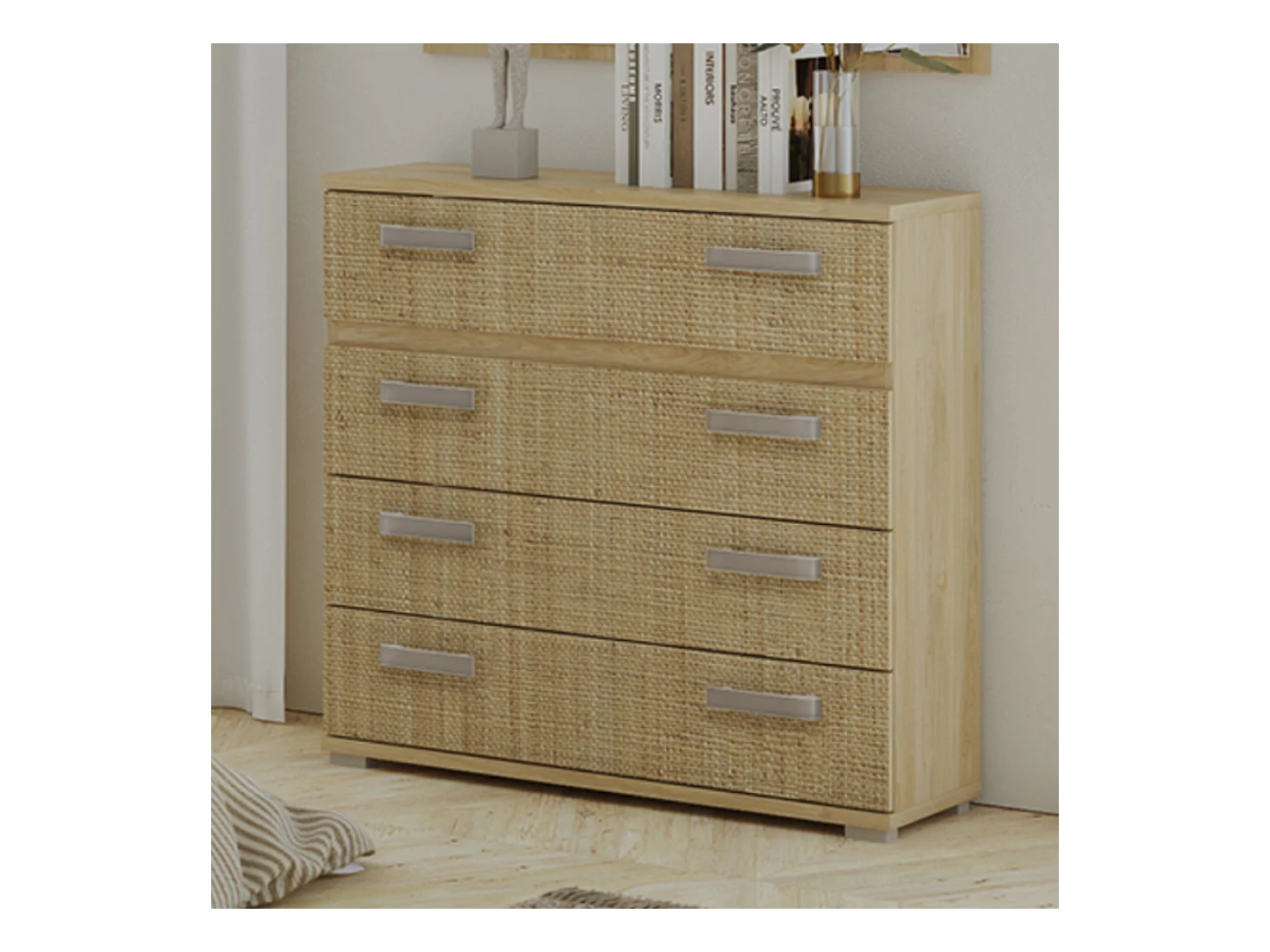 Commode, meuble de rangement coloris chêne cambrian/effet textile - Longueur 89 x Profondeur 39,6 x Hauteur 89,6 cm