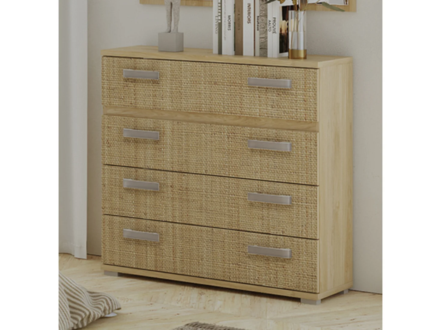 Commode, meuble de rangement coloris chêne cambrian/effet textile - Longueur 89 x Profondeur 39,6 x Hauteur 89,6 cm