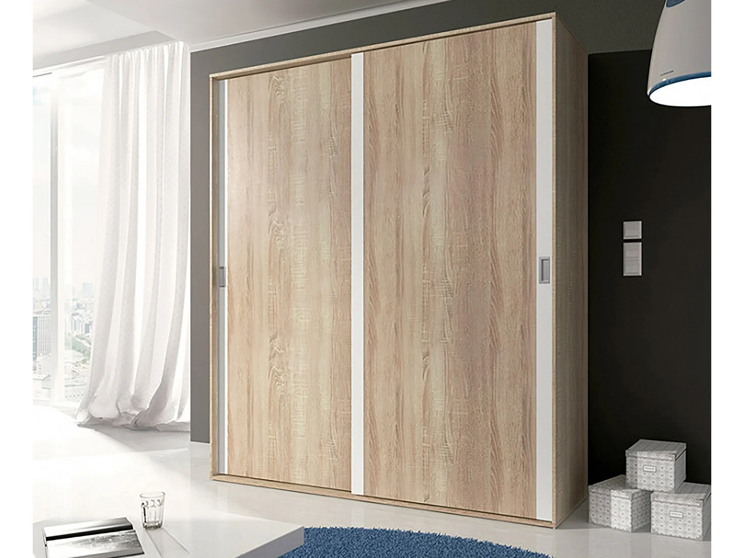 Armoire, placard garde-robe 2 portes coloris chêne cambrian, blanc - Longueur 180 x Profondeur 55 x Hauteur 208 cm