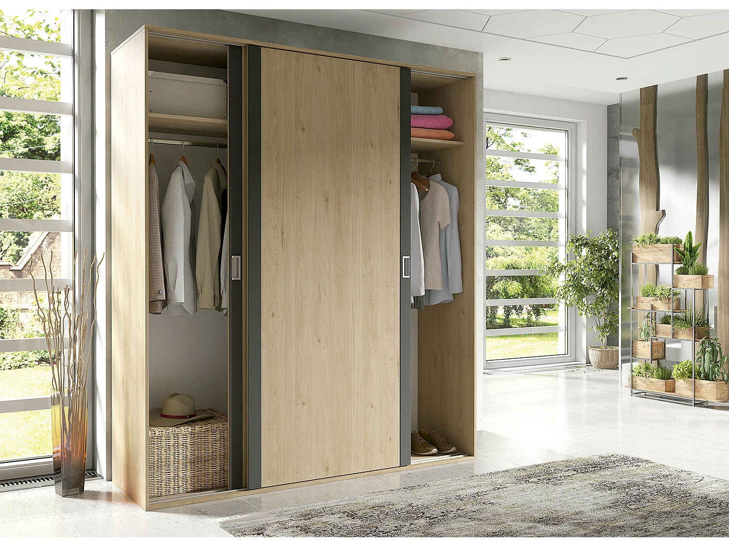 Armoire, placard garde-robe 2 portes coloris chêne/graphite - Longueur 108 x Profondeur 55 x Hauteur 207 cm