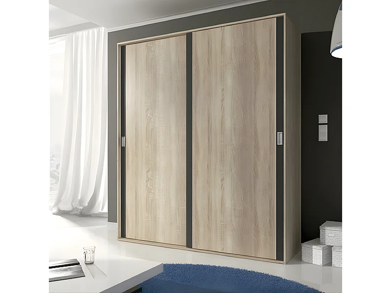 Armoire, placard garde-robe 2 portes coloris chêne cambrian, graphite - Longueur 180 x Profondeur 55 x Hauteur 208 cm