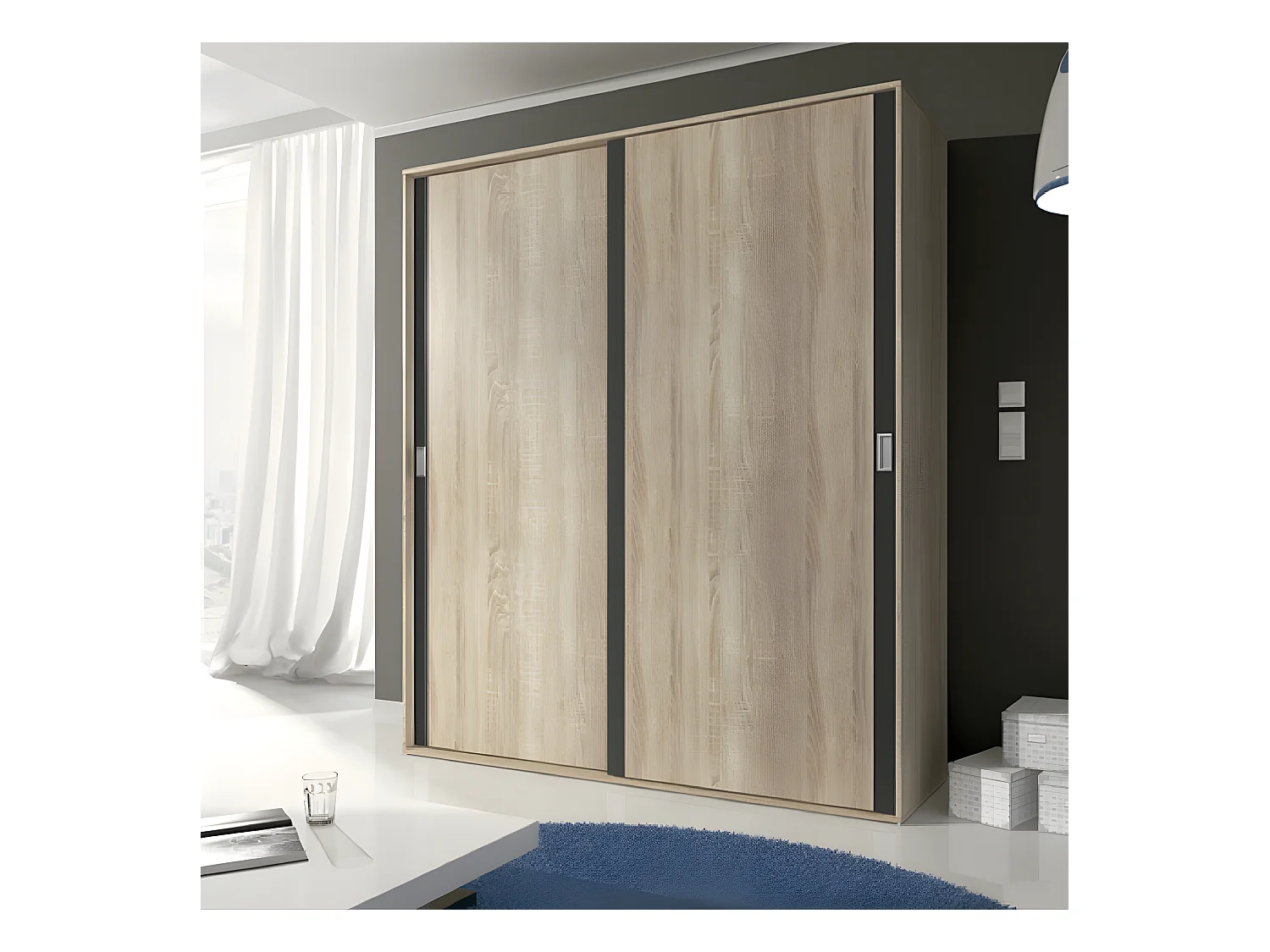 Armoire, placard garde-robe 2 portes coloris chêne cambrian, graphite - Longueur 180 x Profondeur 55 x Hauteur 208 cm