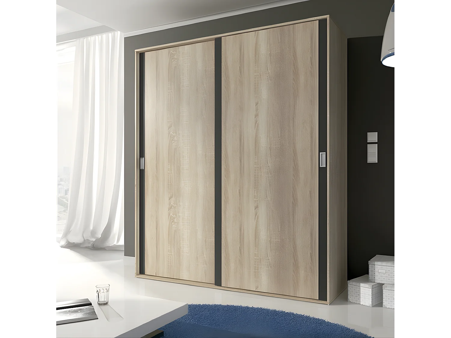 Armoire, placard garde-robe 2 portes coloris chêne cambrian, graphite - Longueur 180 x Profondeur 55 x Hauteur 208 cm