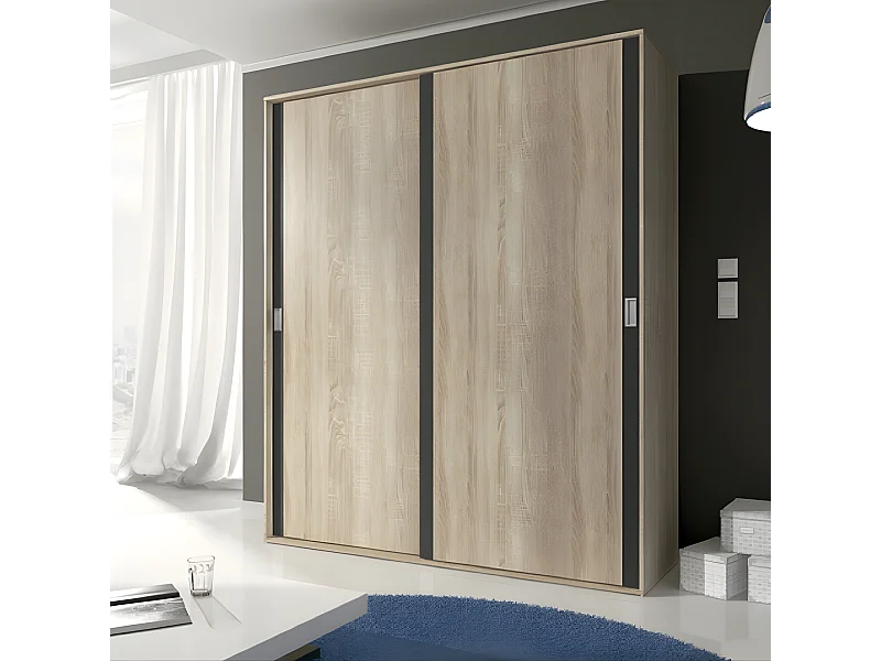Armoire, placard garde-robe 2 portes coloris chêne cambrian, graphite - Longueur 180 x Profondeur 55 x Hauteur 208 cm