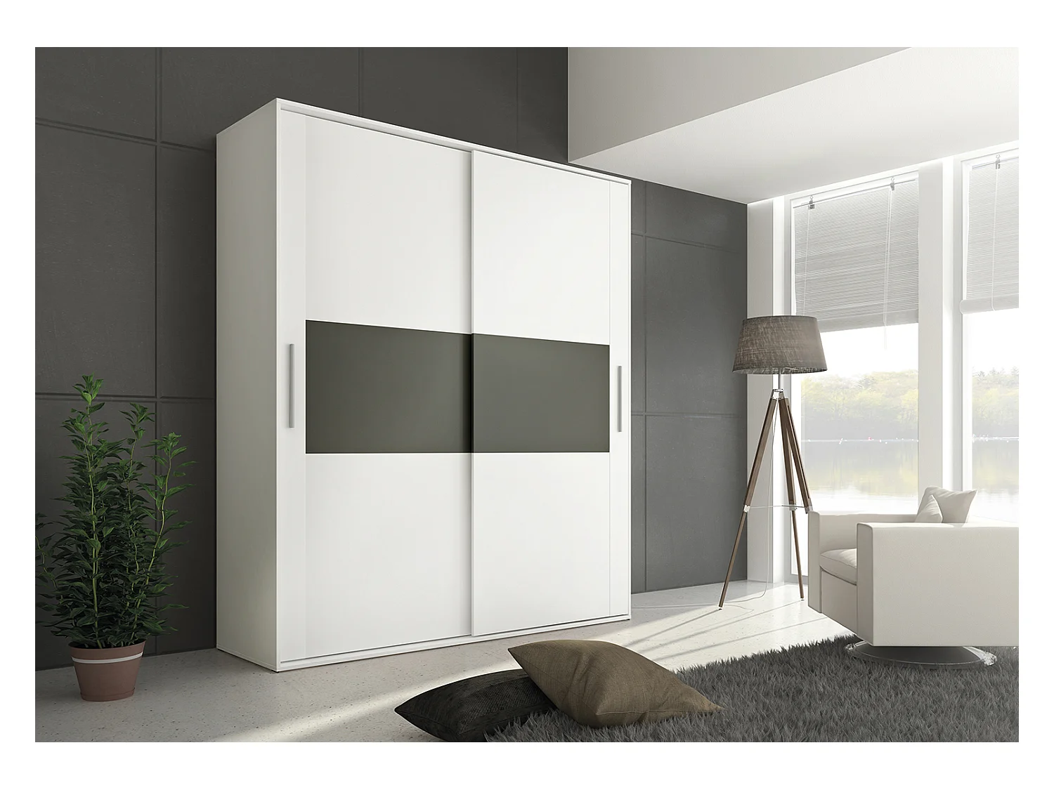Armoire, placard garde-robe 2 portes coloris Blanc, graphite - Longueur 180 x Profondeur 55 x Hauteur 207,60 cm