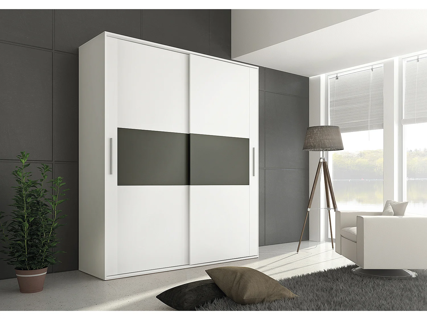Armoire, placard garde-robe 2 portes coloris Blanc, graphite - Longueur 180 x Profondeur 55 x Hauteur 207,60 cm