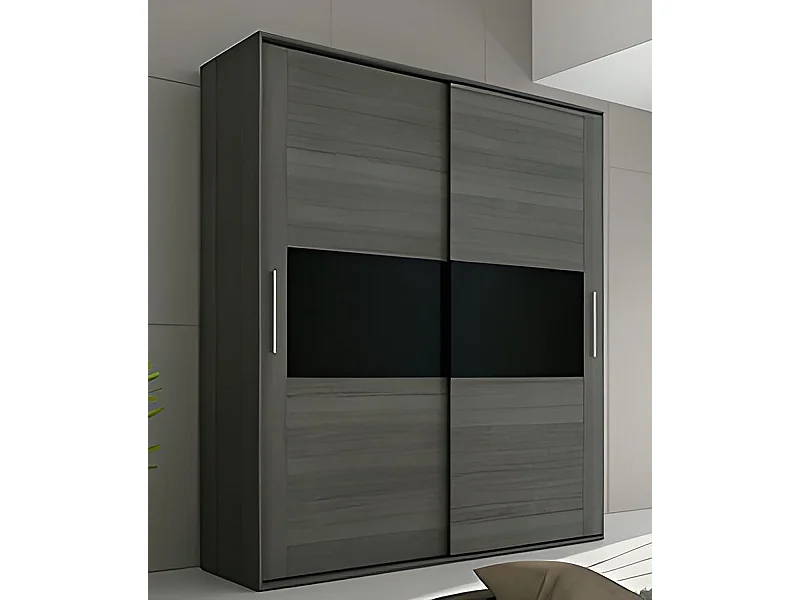 Armoire, placard garde-robe 2 portes coloris Chêne Cendré, Noir - Longueur 180 x Profondeur 55 x Hauteur 207,60 cm