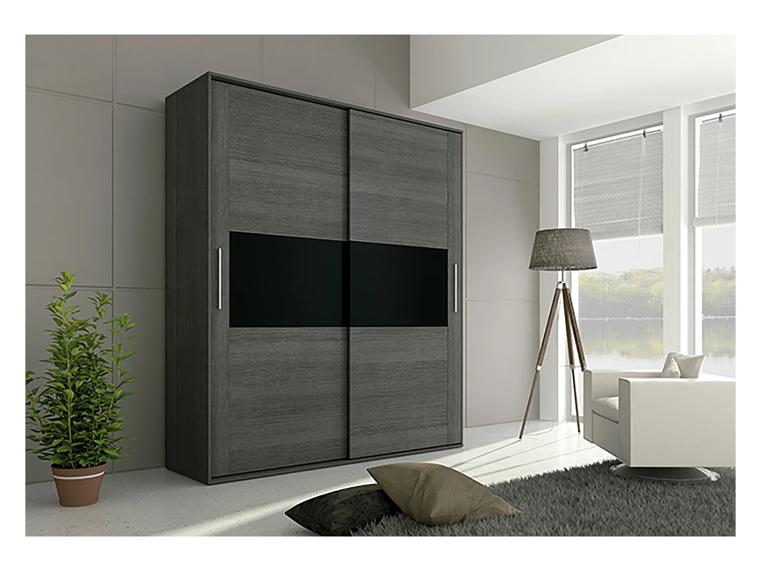 Armoire, placard garde-robe 2 portes coloris Chêne Cendré, Noir - Longueur 180 x Profondeur 55 x Hauteur 207,60 cm