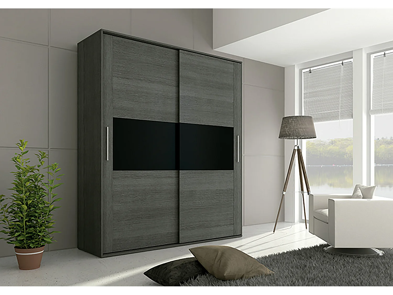 Armoire, placard garde-robe 2 portes coloris Chêne Cendré, Noir - Longueur 180 x Profondeur 55 x Hauteur 207,60 cm