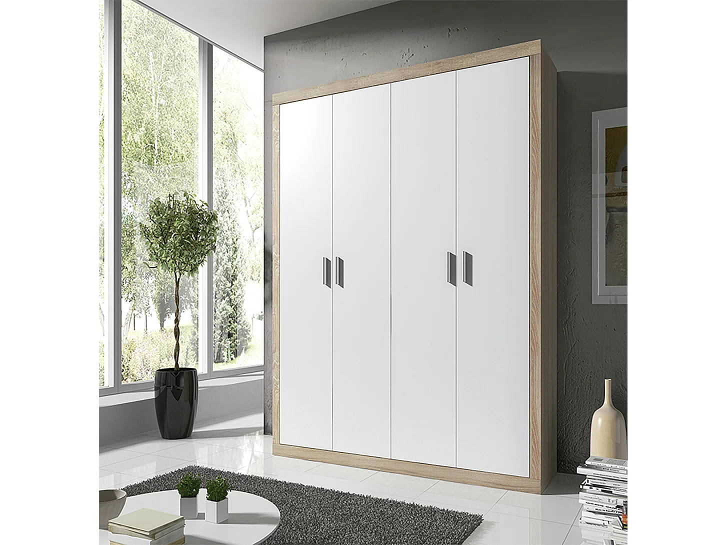 Armoire, meuble de rangement coloris chêne cambrian, blanc - Longueur 196 x Profondeur 50,2 x Hauteur 208 cm