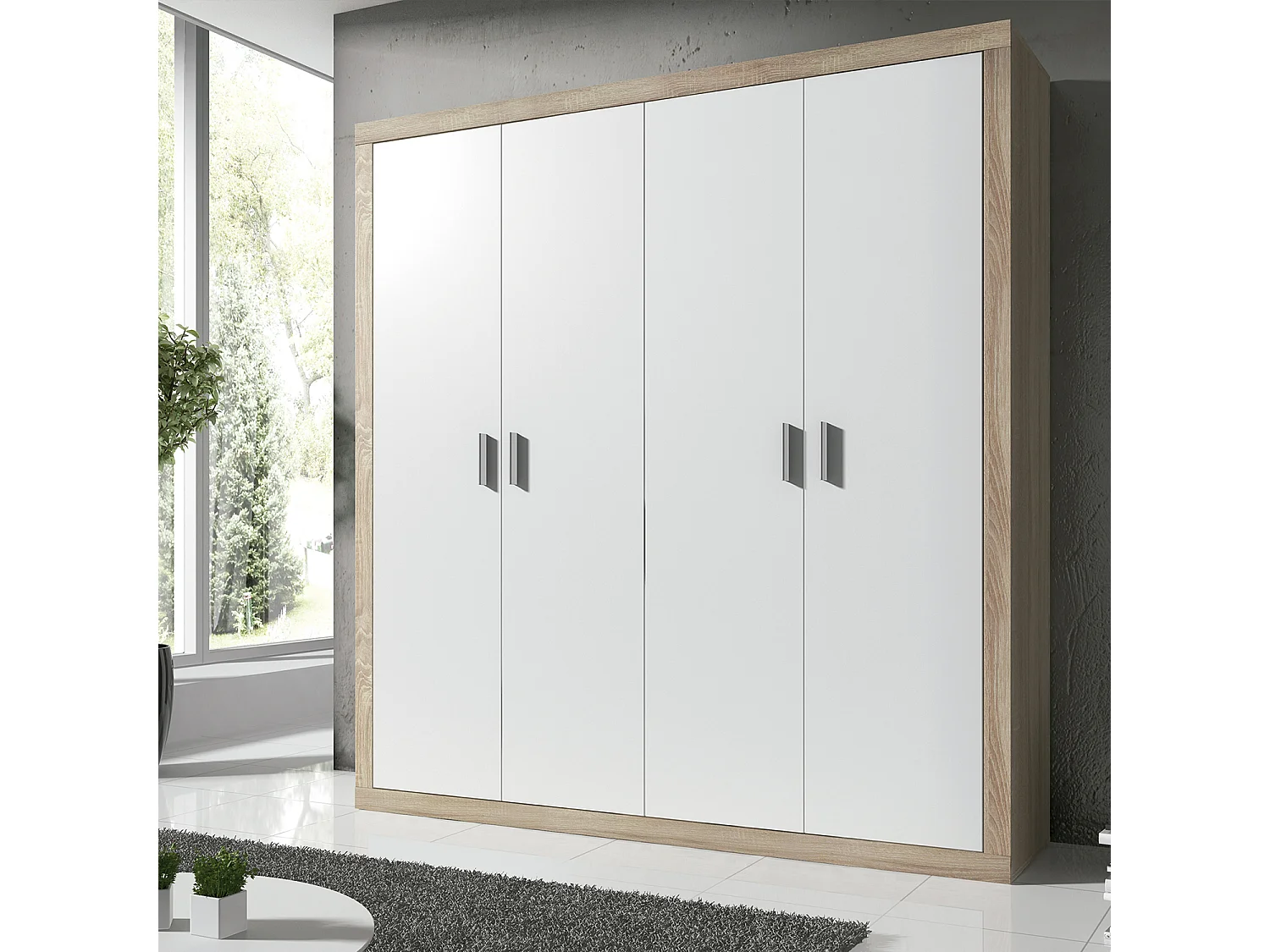 Armoire, placard garde-robe 4 portes coloris Chêne cambrian, blanc - Longueur 196 x Profondeur 50 x Hauteur 208 cm