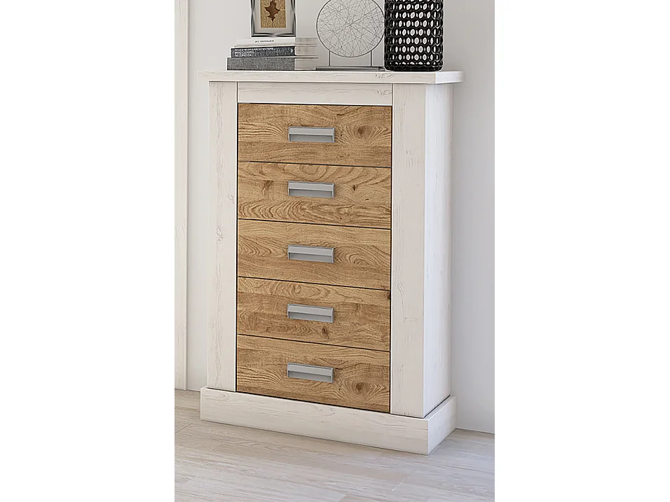 Chiffonnier avec 5 tiroirs coloris Chêne, pin andersen - Longueur 66 x Profondeur 39,6 x Hauteur 107 cm