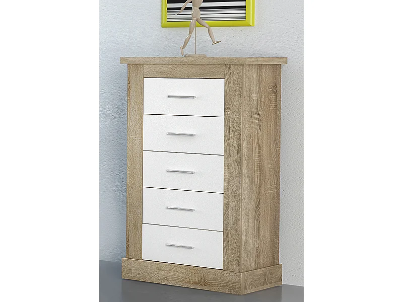 Chiffonnier avec 5 tiroirs coloris Chêne cambrian, blanc - Longueur 66 x profondeur 39,6 x hauteur 107 cm