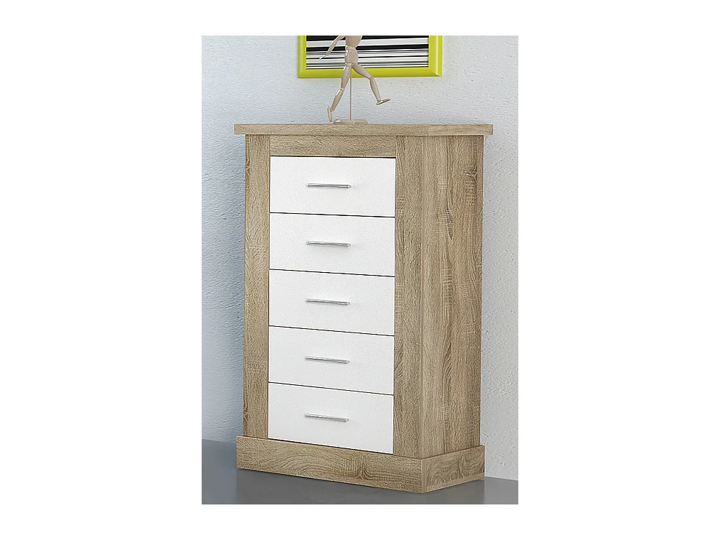 Chiffonnier avec 5 tiroirs coloris Chêne cambrian, blanc - Longueur 66 x profondeur 39,6 x hauteur 107 cm