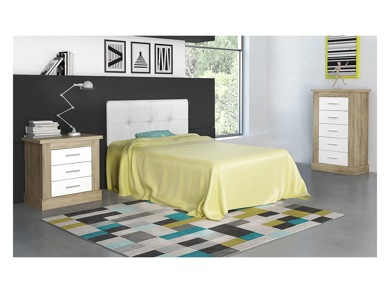 Chiffonnier avec 5 tiroirs coloris Chêne cambrian, blanc - Longueur 66 x profondeur 39,6 x hauteur 107 cm