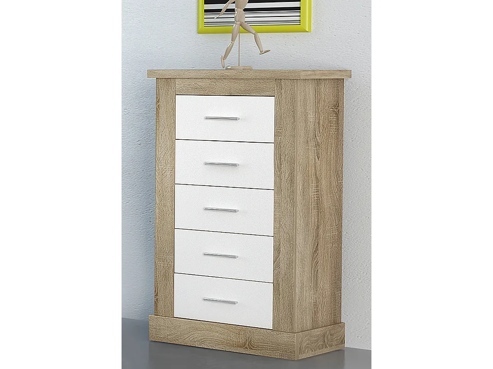 Chiffonnier avec 5 tiroirs coloris Chêne cambrian, blanc - Longueur 66 x profondeur 39,6 x hauteur 107 cm