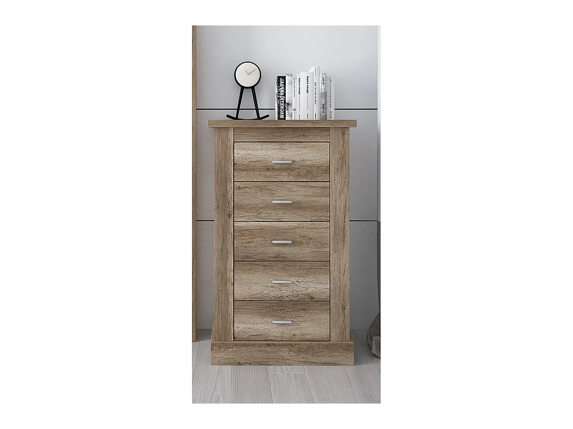 Chiffonnier, meuble de rangement coloris Chêne vieilli - Longueur 66 x Profondeur 39.6 x Hauteur 104 cm