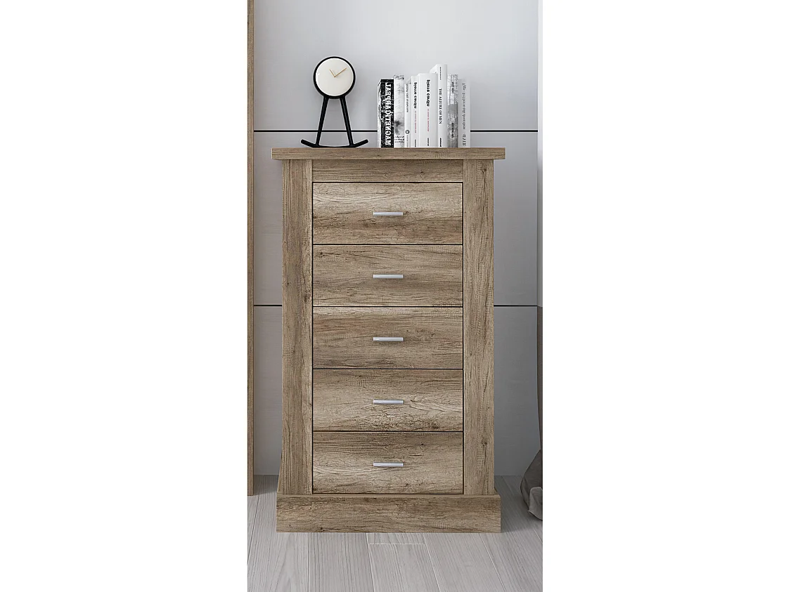 Chiffonnier, meuble de rangement coloris Chêne vieilli - Longueur 66 x Profondeur 39.6 x Hauteur 104 cm