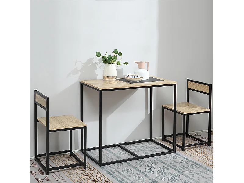 HOMCOM Ensemble table 2 chaises style industriel - set de 1 table + 2 chaises encastrables - métal noir aspect chêne clair