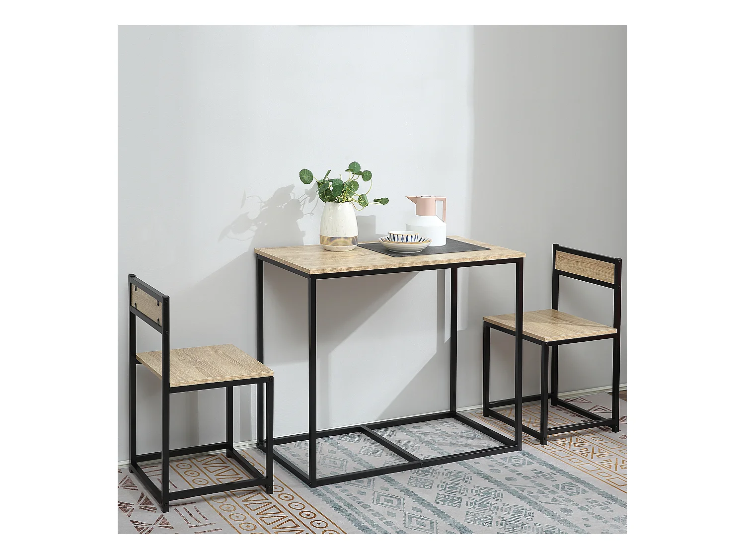 HOMCOM Ensemble table 2 chaises style industriel - set de 1 table + 2 chaises encastrables - métal noir aspect chêne clair