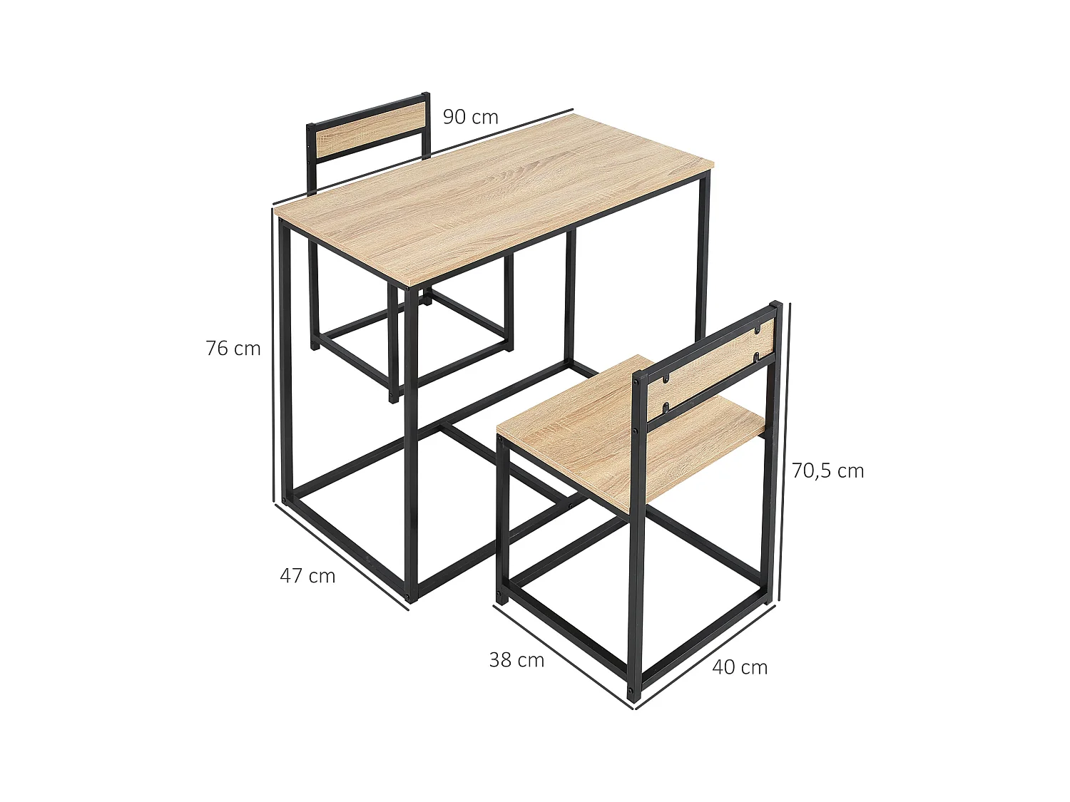 HOMCOM Ensemble table 2 chaises style industriel - set de 1 table + 2 chaises encastrables - métal noir aspect chêne clair