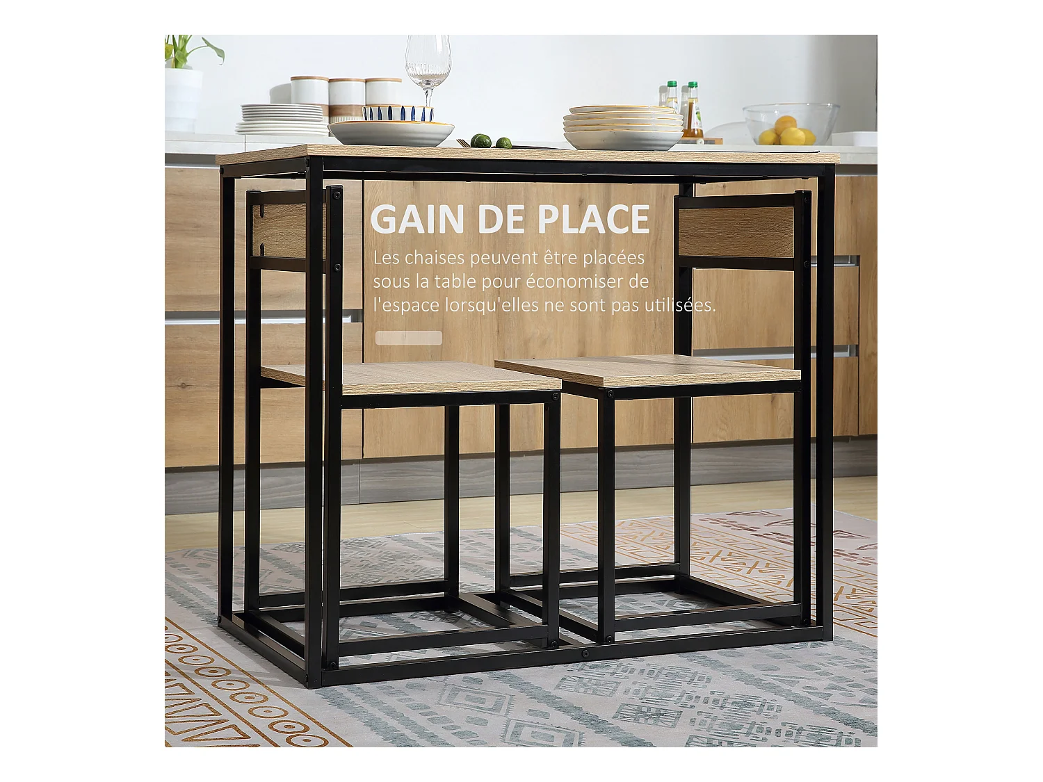 HOMCOM Ensemble table 2 chaises style industriel - set de 1 table + 2 chaises encastrables - métal noir aspect chêne clair