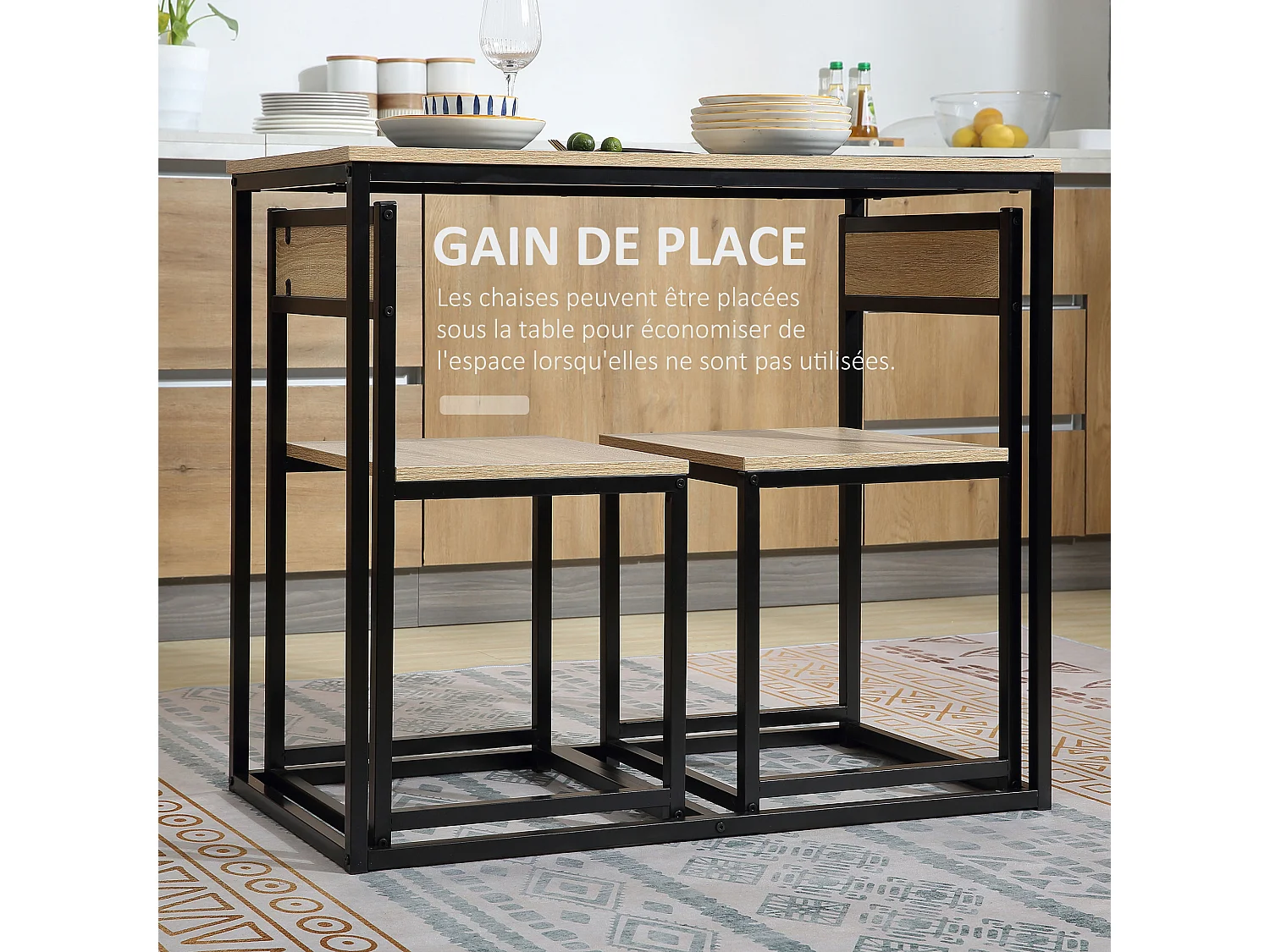 HOMCOM Ensemble table 2 chaises style industriel - set de 1 table + 2 chaises encastrables - métal noir aspect chêne clair