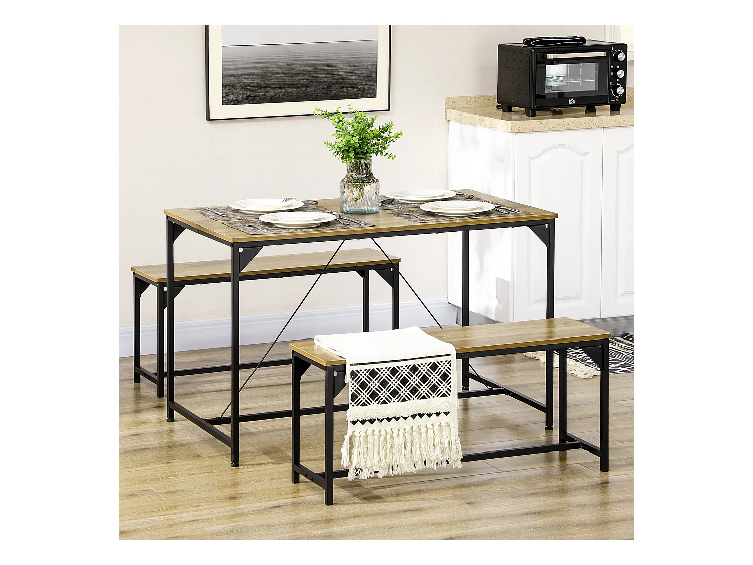 Ensemble table à manger et 2 bancs 4 personnes châssis acier noir plateau assises aspect bois clair naturel