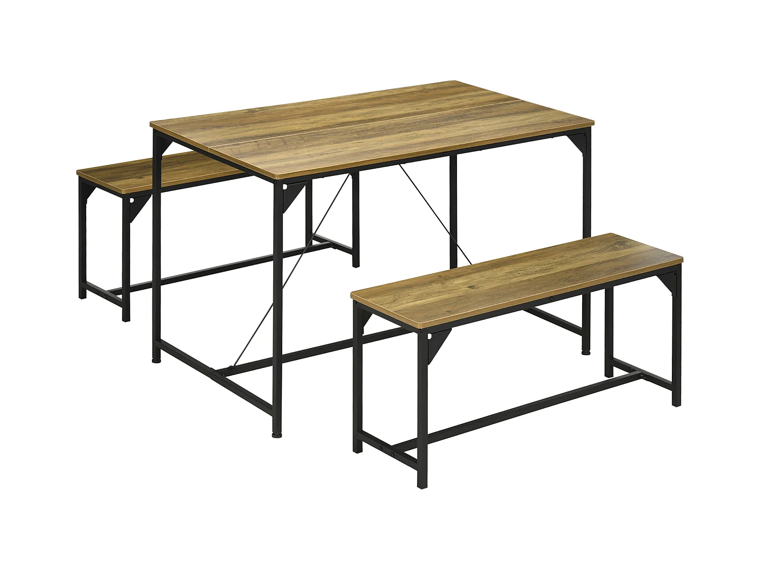 Ensemble table à manger et 2 bancs 4 personnes châssis acier noir plateau assises aspect bois clair naturel