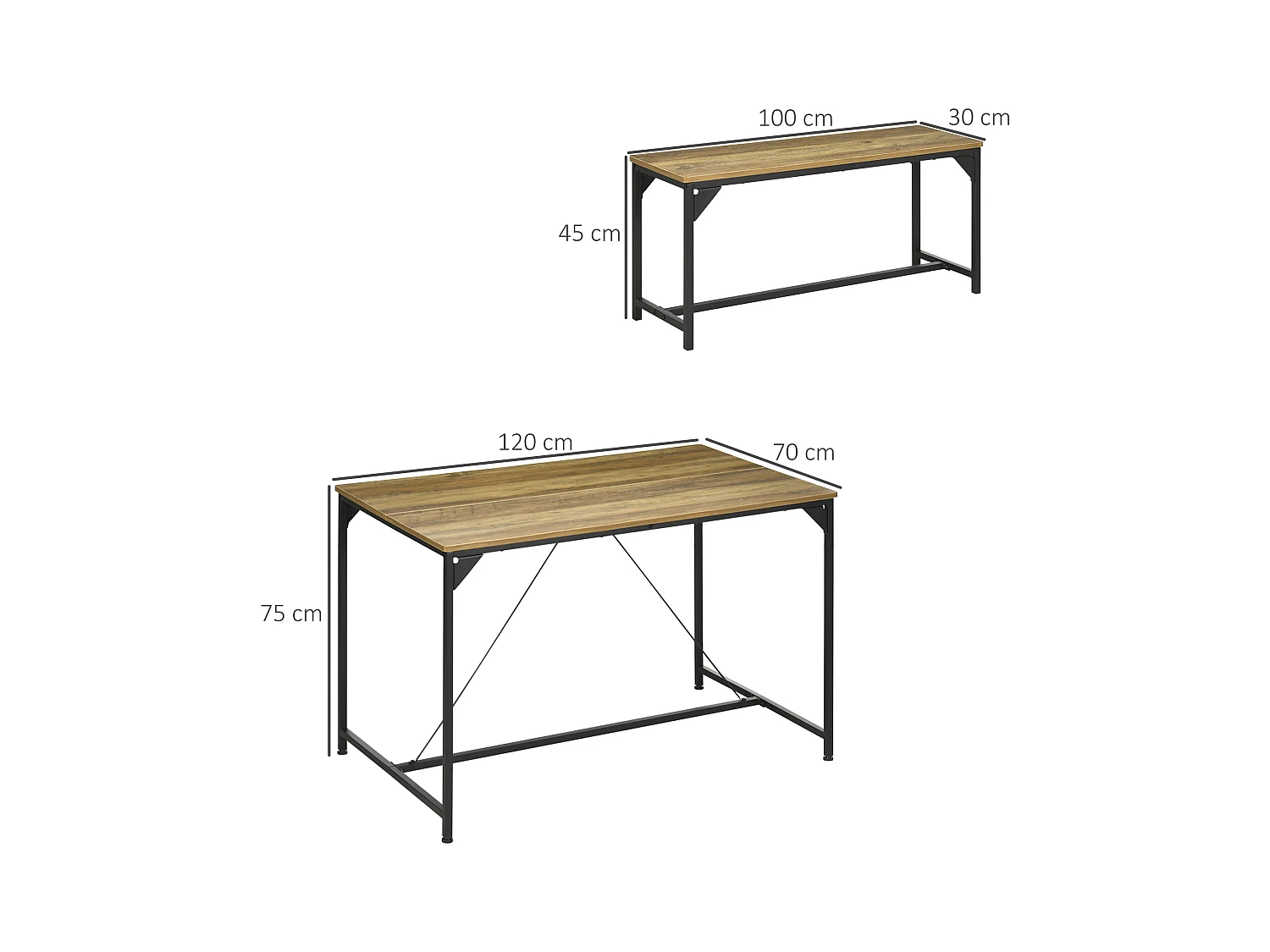 Ensemble table à manger et 2 bancs 4 personnes châssis acier noir plateau assises aspect bois clair naturel