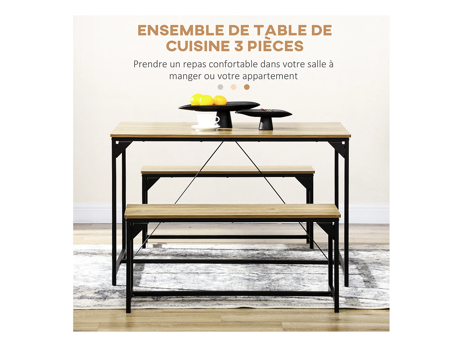 Ensemble table à manger et 2 bancs 4 personnes châssis acier noir plateau assises aspect bois clair naturel