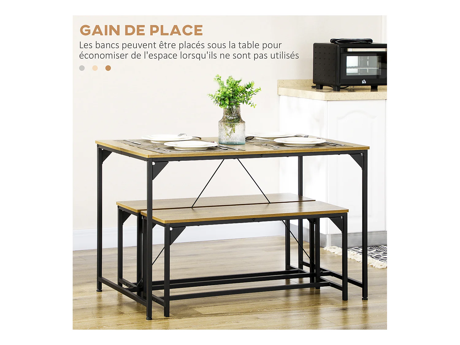 Ensemble table à manger et 2 bancs 4 personnes châssis acier noir plateau assises aspect bois clair naturel