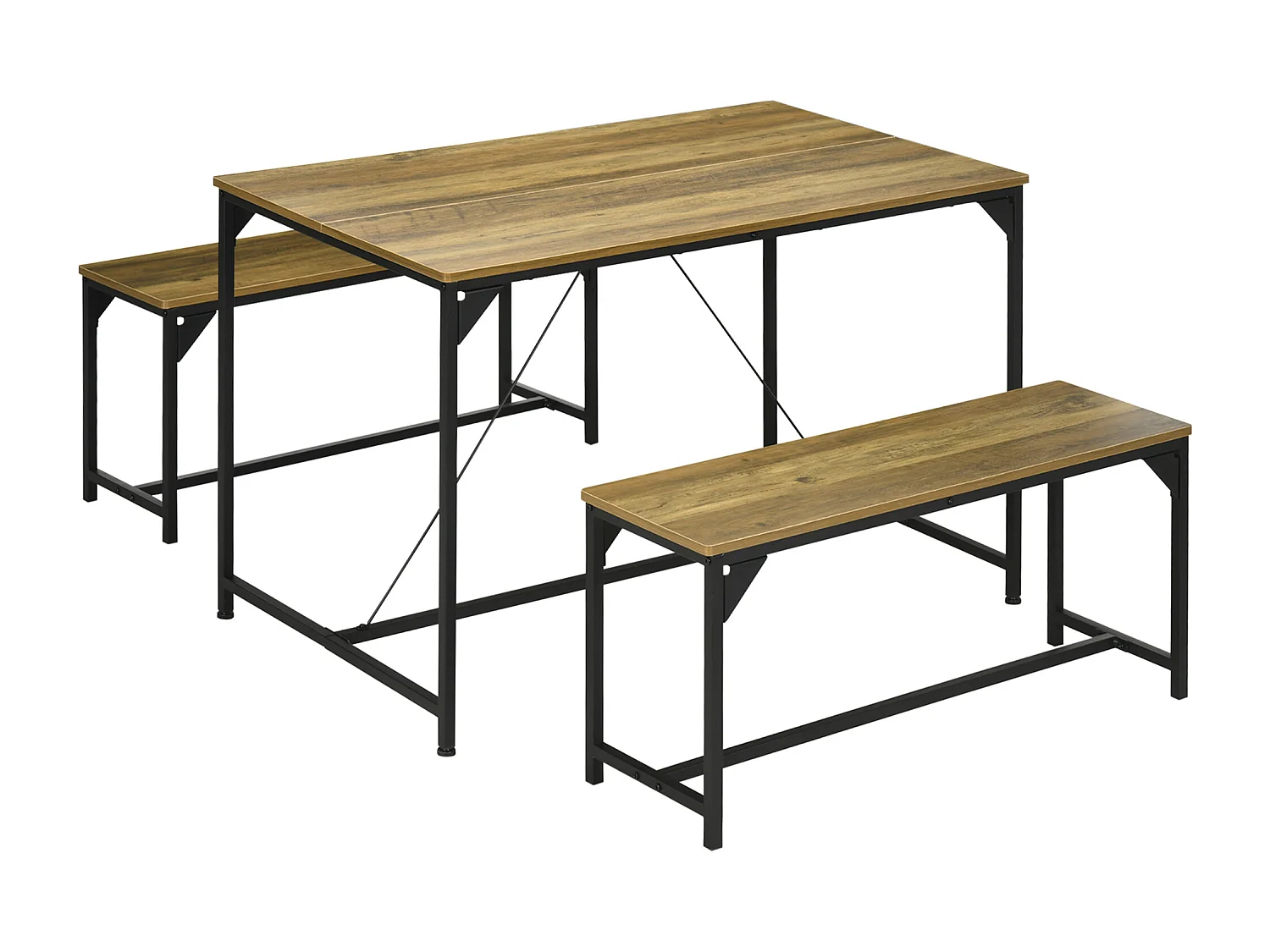 Ensemble table à manger et 2 bancs 4 personnes châssis acier noir plateau assises aspect bois clair naturel