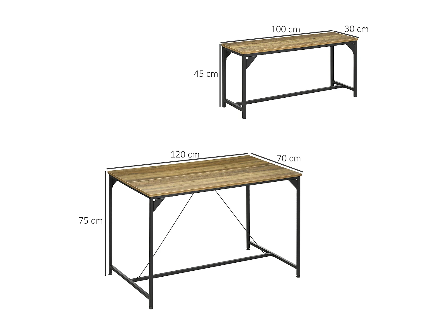Ensemble table à manger et 2 bancs 4 personnes châssis acier noir plateau assises aspect bois clair naturel