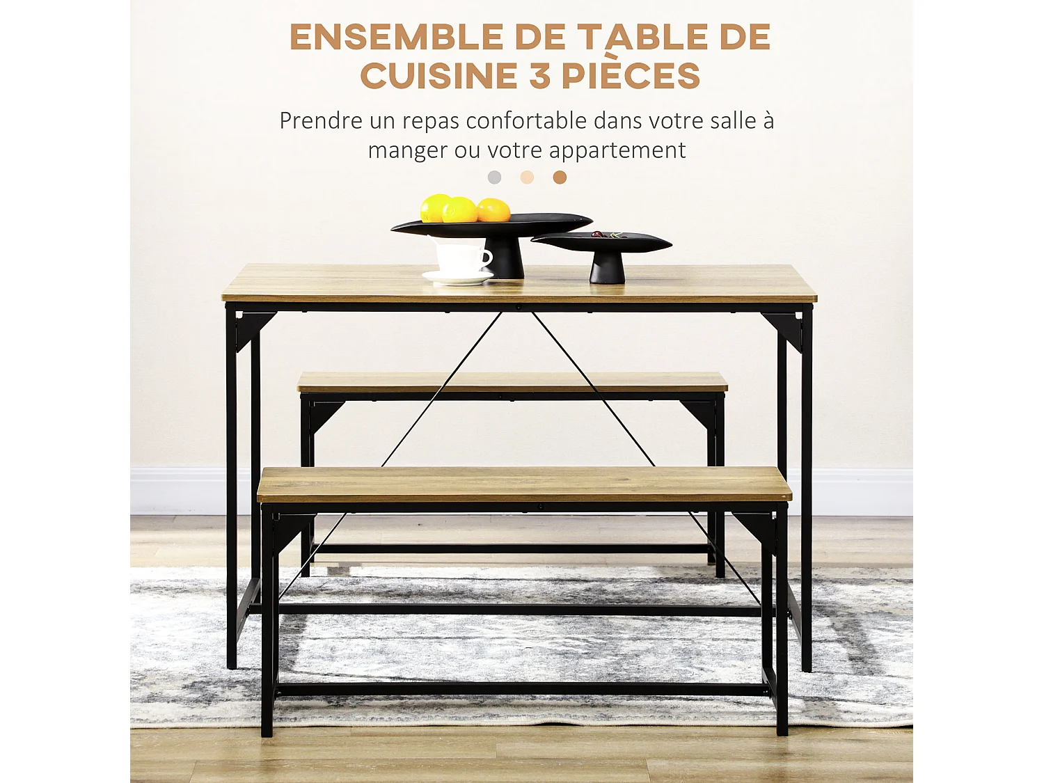 Ensemble table à manger et 2 bancs 4 personnes châssis acier noir plateau assises aspect bois clair naturel
